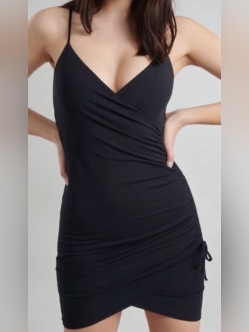 GARAGE Black Spaghetti Strap Wrap-Style Ruched Mini Dress - Small - EUC